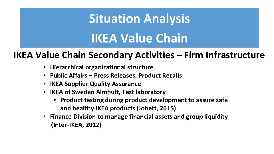 Situation Analysis IKEA Value Chain Secondary Activities – Firm Infrastructure Hierarchical organizational structure Public