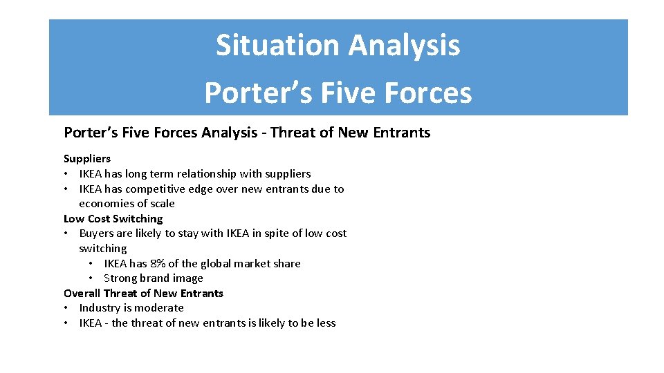 Situation Analysis Porter’s Five Forces Analysis - Threat of New Entrants Suppliers • IKEA