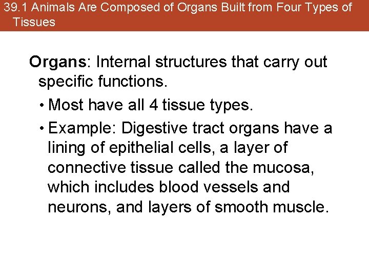 39. 1 Animals Are Composed of Organs Built from Four Types of Tissues Organs: