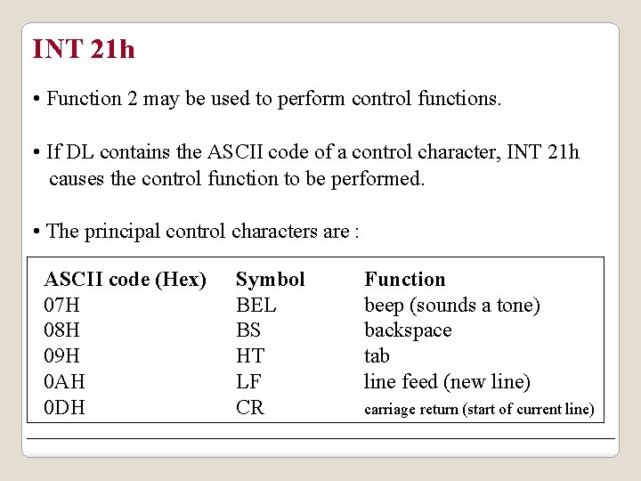 INT 21 h • Function 2 may be used to perform control functions. •