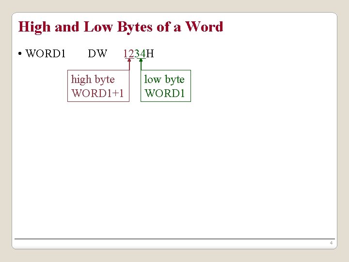 High and Low Bytes of a Word • WORD 1 DW 1234 H high