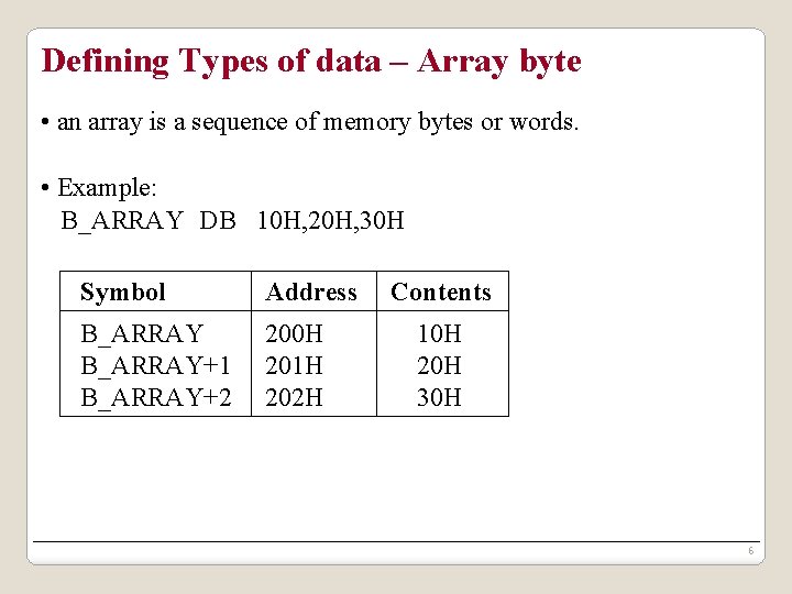 Defining Types of data – Array byte • an array is a sequence of