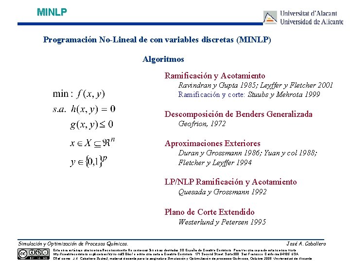 MINLP Programación No-Lineal de con variables discretas (MINLP) Algoritmos Ramificación y Acotamiento Ravindran y