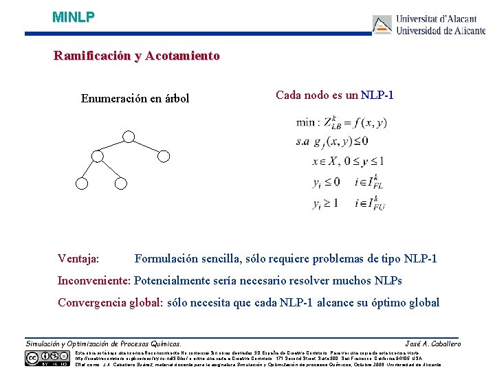 MINLP Ramificación y Acotamiento Enumeración en árbol Ventaja: Cada nodo es un NLP-1 Formulación
