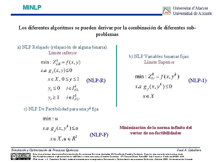 MINLP Los diferentes algoritmos se pueden derivar por la combinación de diferentes subproblemas a)