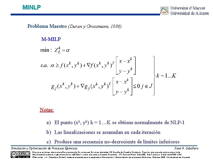 MINLP Problema Maestro (Duran y Grossmann, 1986) M-MILP Notas: a) El punto (xk, yk)