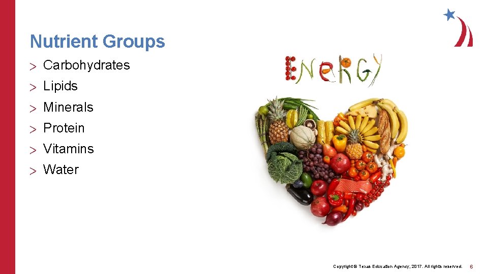 Nutrient Groups > Carbohydrates > Lipids > Minerals > Protein > Vitamins > Water