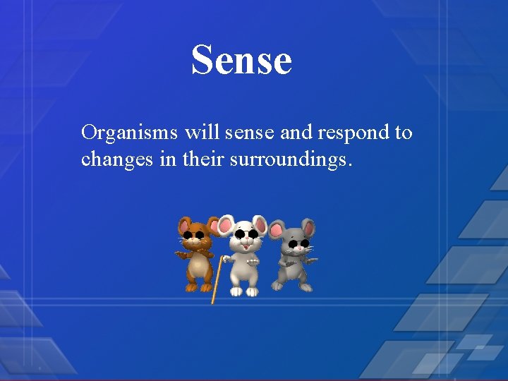 Sense Organisms will sense and respond to changes in their surroundings. 