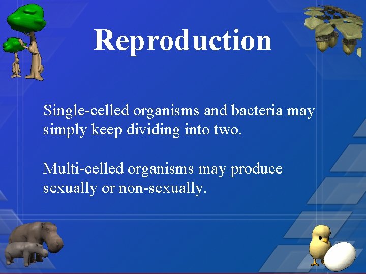 Reproduction Single-celled organisms and bacteria may simply keep dividing into two. Multi-celled organisms may