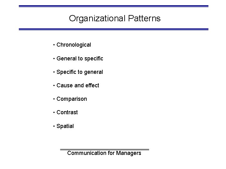 Organizational Patterns • Chronological • General to specific • Specific to general • Cause