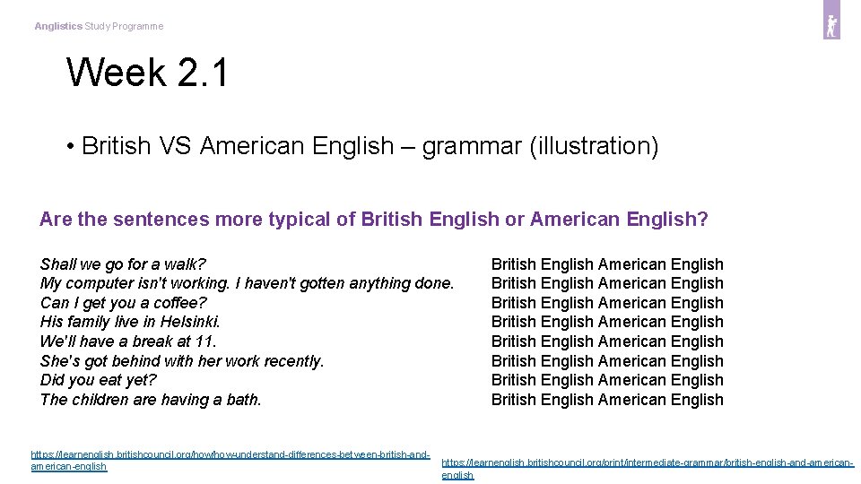 Anglistics Study Programme Week 2. 1 • British VS American English – grammar (illustration)