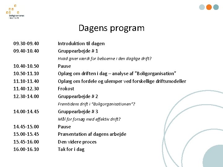 Dagens program 09. 30 -09. 40 -10. 40 Introduktion til dagen Gruppearbejde # 1