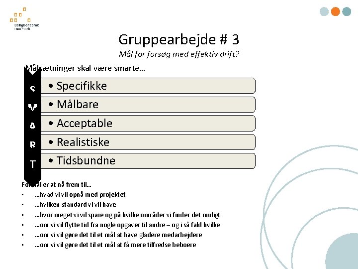 Gruppearbejde # 3 Mål forsøg med effektiv drift? Målsætninger skal være smarte… S •