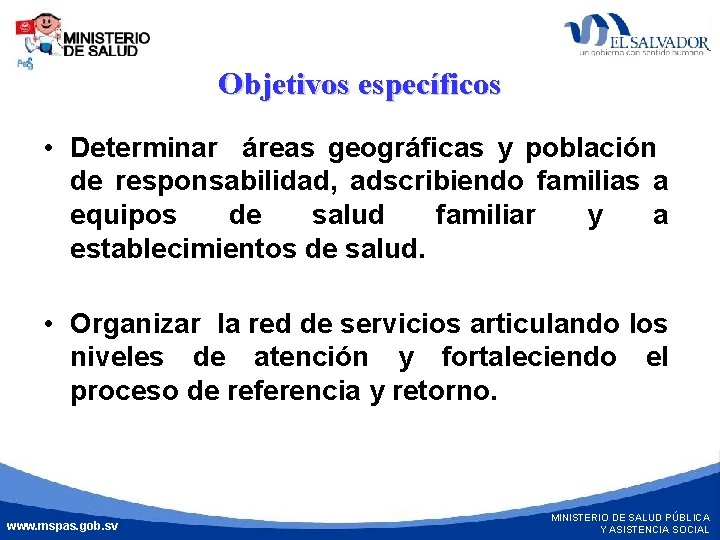 Objetivos específicos • Determinar áreas geográficas y población de responsabilidad, adscribiendo familias a equipos