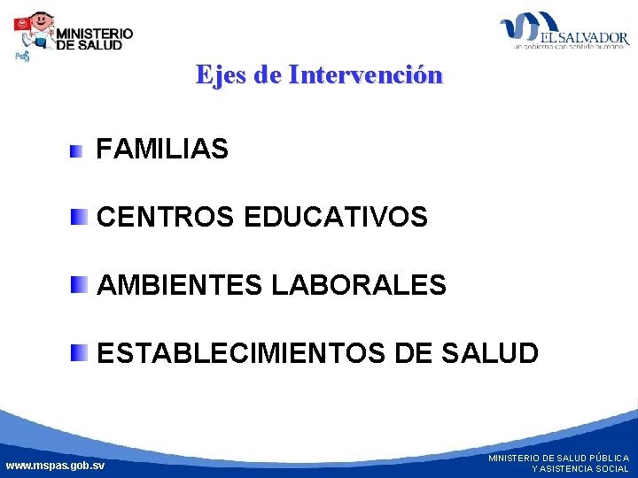 Ejes de Intervención FAMILIAS MINISTERIO DE SALUD PÚBLICA Y ASISTENCIA SOCIAL CENTROS EDUCATIVOS AMBIENTES