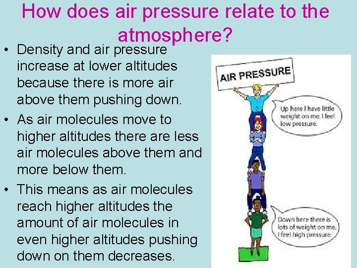 How does air pressure relate to the atmosphere? • Density and air pressure increase