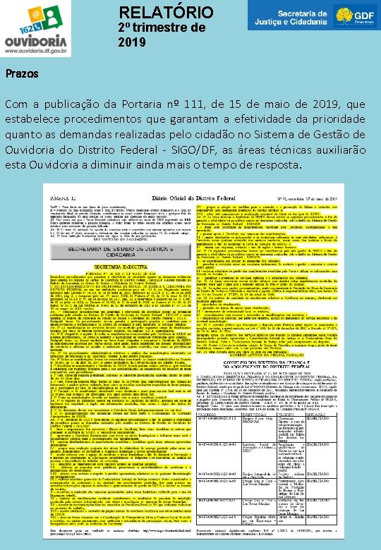 RELATÓRIO 2º trimestre de 2019 Prazos Com a publicação da Portaria nº 111, de