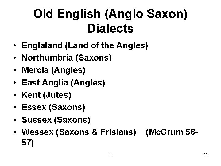 Old English (Anglo Saxon) Dialects • • Englaland (Land of the Angles) Northumbria (Saxons)