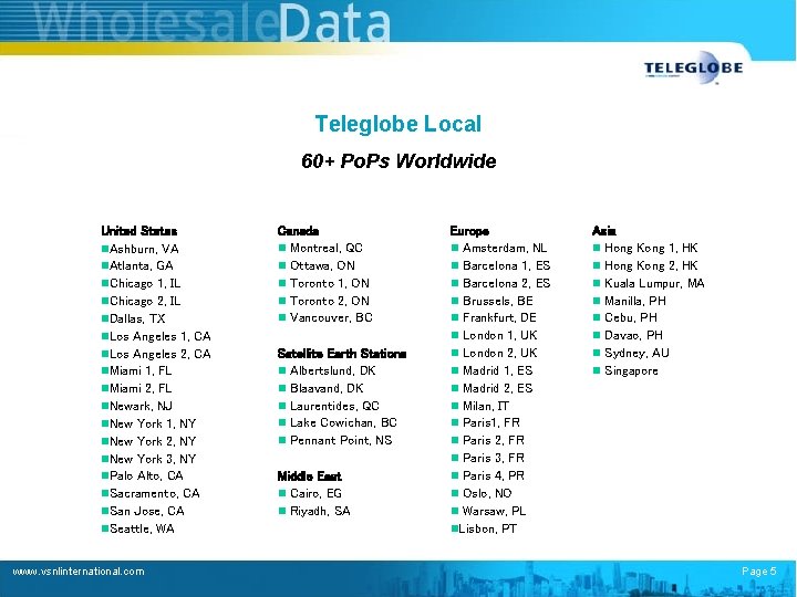 Teleglobe Local 60+ Po. Ps Worldwide United States n. Ashburn, VA n. Atlanta, GA