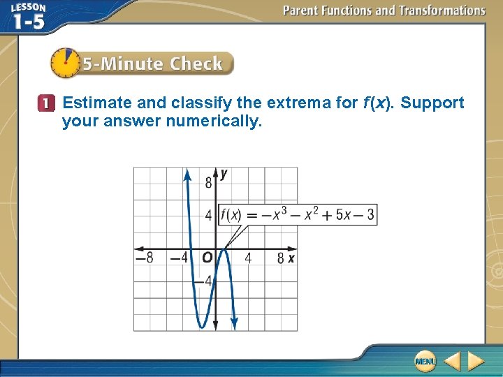 Estimate and classify the extrema for f (x). Support your answer numerically. Estimate and classify the extrema for f (x). Support your answer numerically.