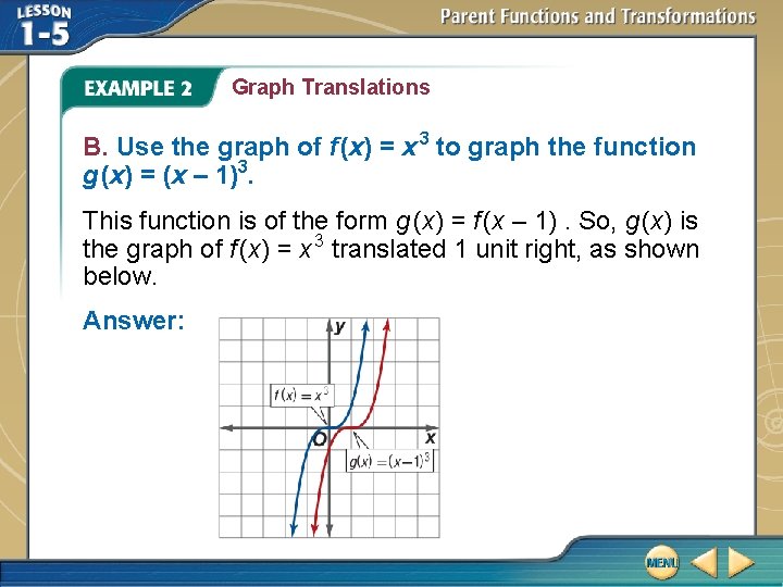 Graph Translations B. Use the graph of f (x) = x 3 to graph Graph Translations B. Use the graph of f (x) = x 3 to graph