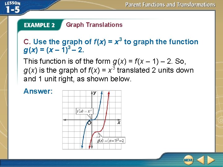 Graph Translations C. Use the graph of f (x) = x 3 to graph Graph Translations C. Use the graph of f (x) = x 3 to graph
