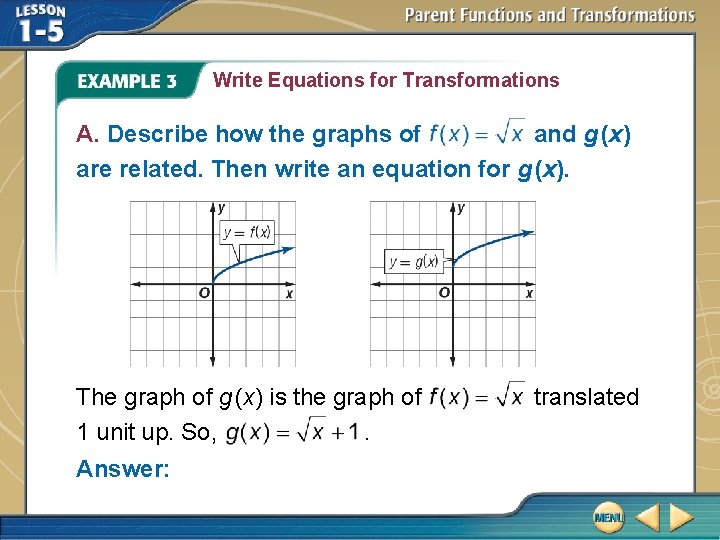 Write Equations for Transformations A. Describe how the graphs of and g (x) are Write Equations for Transformations A. Describe how the graphs of and g (x) are