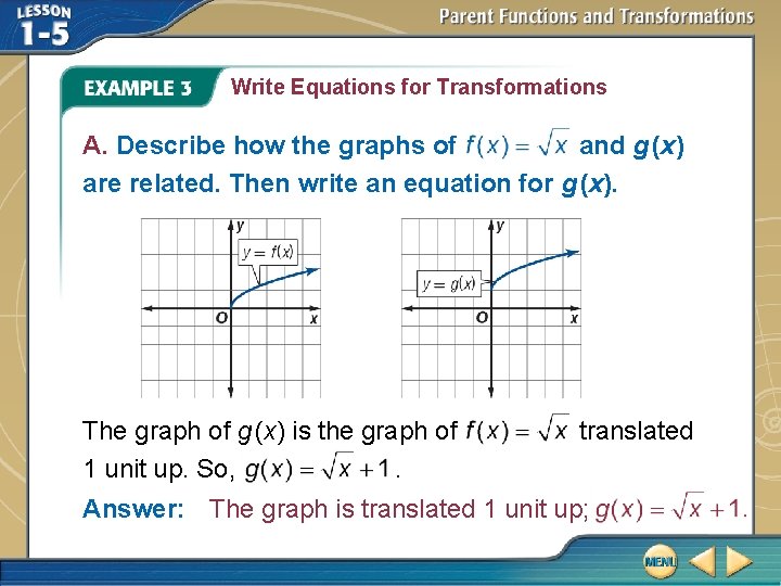 Write Equations for Transformations A. Describe how the graphs of and g (x) are Write Equations for Transformations A. Describe how the graphs of and g (x) are