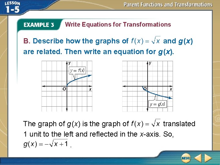 Write Equations for Transformations B. Describe how the graphs of and g (x) are Write Equations for Transformations B. Describe how the graphs of and g (x) are
