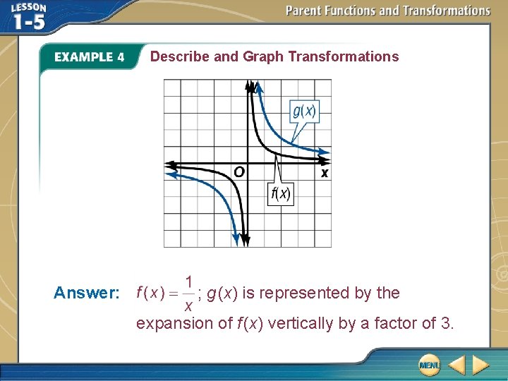 Describe and Graph Transformations Answer: ; g (x) is represented by the expansion of Describe and Graph Transformations Answer: ; g (x) is represented by the expansion of