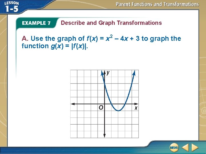 Describe and Graph Transformations A. Use the graph of f (x) = x 2 Describe and Graph Transformations A. Use the graph of f (x) = x 2