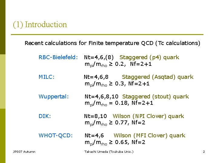 (1) Introduction Recent calculations for Finite temperature QCD (Tc calculations) JPS 07 Autumn RBC-Bielefeld: