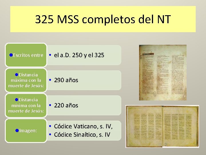 325 MSS completos del NT l. Escritos entre • el a. D. 250 y