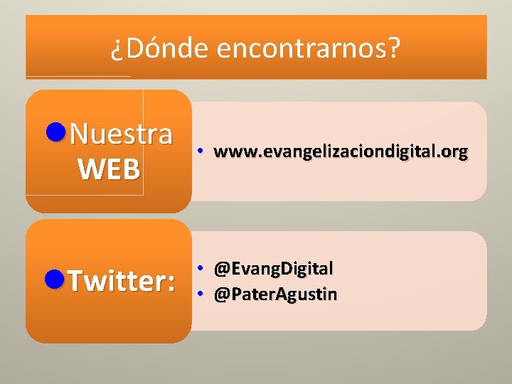 ¿Dónde encontrarnos? l. Nuestra WEB • www. evangelizaciondigital. org l. Twitter: • @Evang. Digital