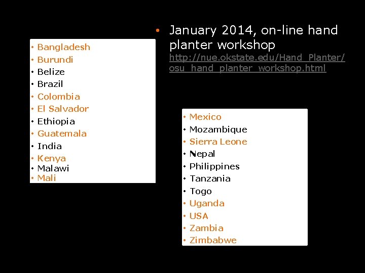  • • • Bangladesh Burundi Belize • January 2014, on-line hand planter workshop
