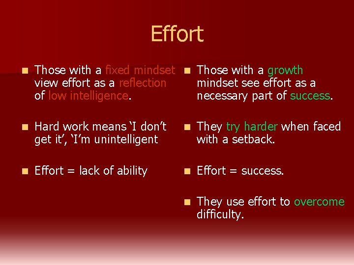 Effort n Those with a fixed mindset n Those with a growth view effort