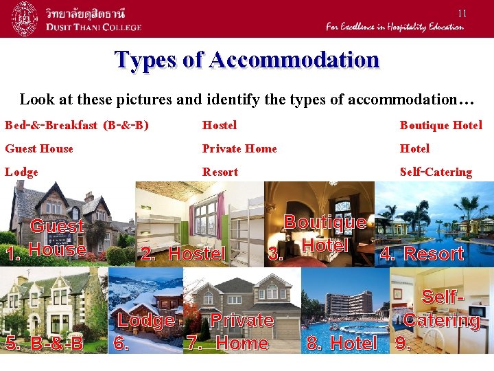 11 Types of Accommodation Look at these pictures and identify the types of accommodation…