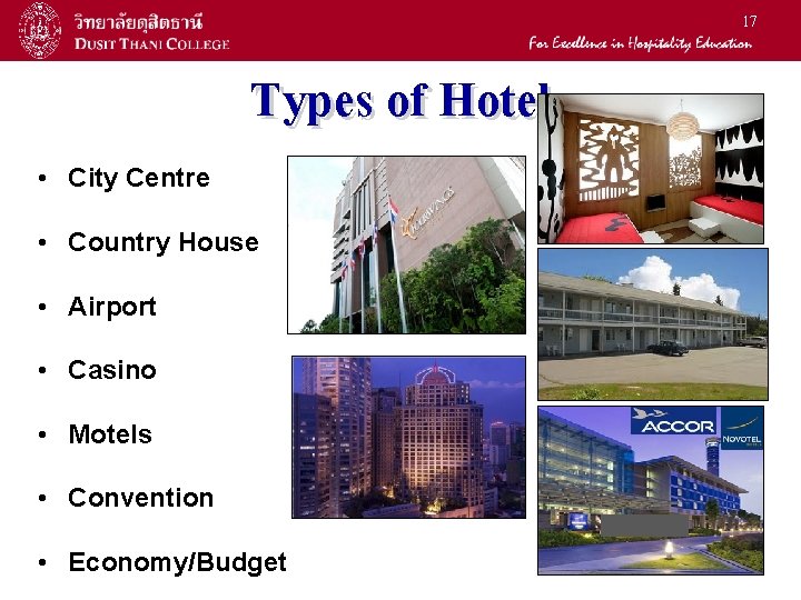 17 Types of Hotel • City Centre • Country House • Airport • Casino