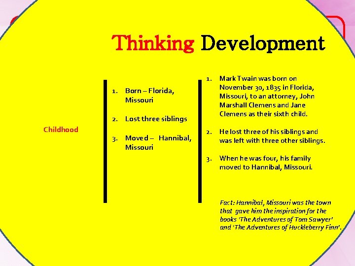 Mark Twain Father of American Literature Thinking Development 1. Childhood -Born – Florida, Missouri