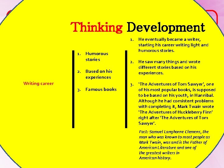 Mark Twain Father of American Literature He eventually became a writer, Thinking Development 1.