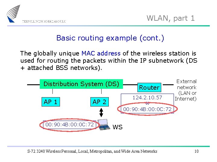 WLAN, part 1 Basic routing example (cont. ) The globally unique MAC address of
