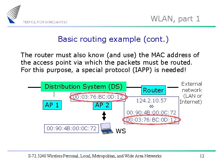 WLAN, part 1 Basic routing example (cont. ) The router must also know (and