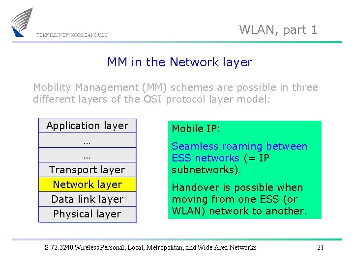 WLAN, part 1 MM in the Network layer Mobility Management (MM) schemes are possible