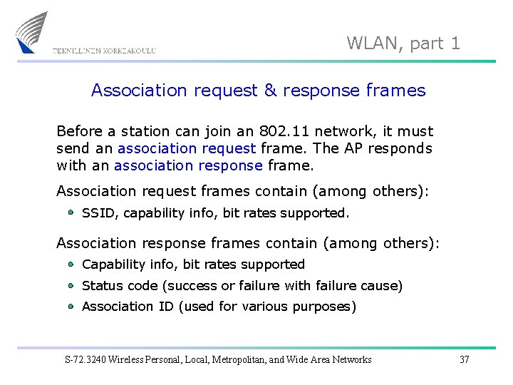 WLAN, part 1 Association request & response frames Before a station can join an