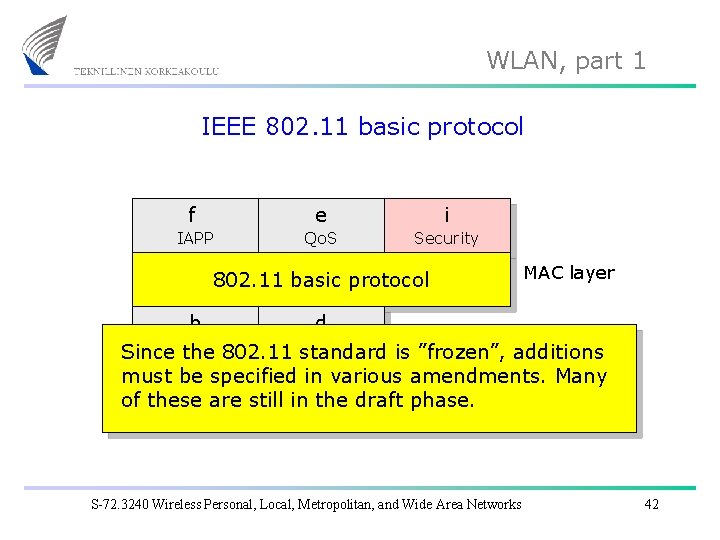WLAN, part 1 IEEE 802. 11 basic protocol f e i IAPP Qo. S