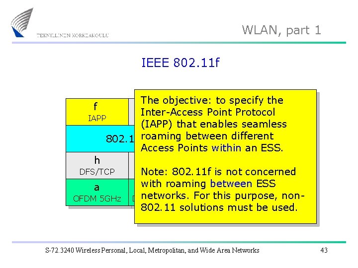 WLAN, part 1 IEEE 802. 11 f The objective: to specify the e i