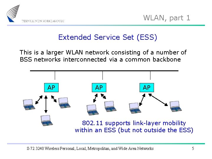 WLAN, part 1 Extended Service Set (ESS) This is a larger WLAN network consisting