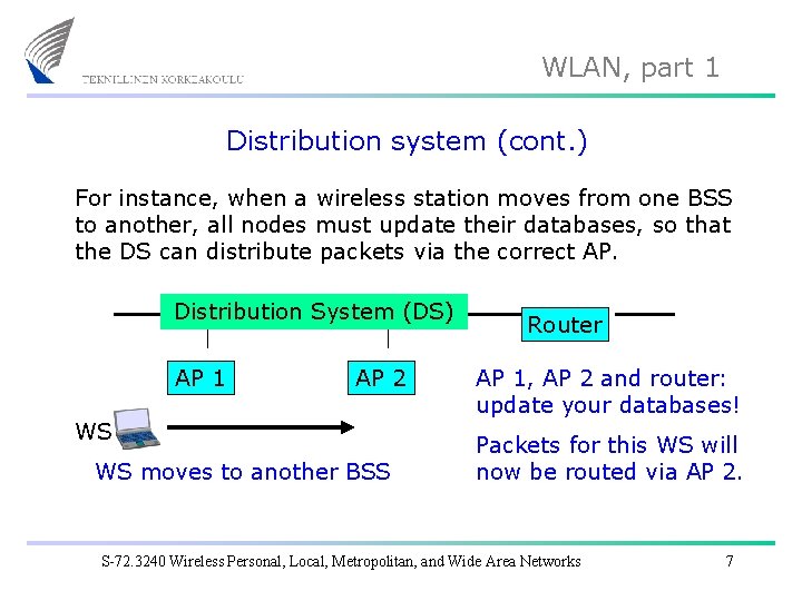 WLAN, part 1 Distribution system (cont. ) For instance, when a wireless station moves