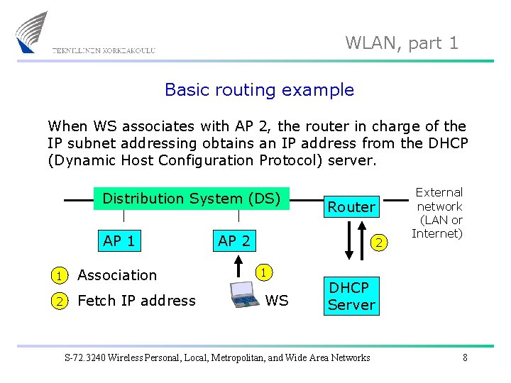 WLAN, part 1 Basic routing example When WS associates with AP 2, the router