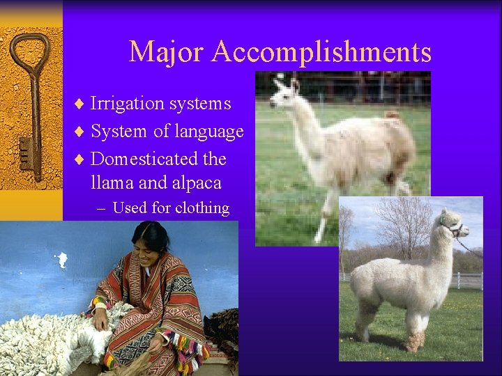 Major Accomplishments ¨ Irrigation systems ¨ System of language ¨ Domesticated the llama and